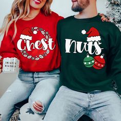 "Chest Nuts Christmas Sweatshirt, Christmas Couple Shirt, Matching Christmas, Party Couple, Matching Xmas Shirt, Ugly Christmas Shirt, Funny Christmas Couple, Chest Nuts Couples Shirt, Funny Christmas Matching Shirts, Christmas Holiday Welcome to the different, crazy and colorful world of ORANGE WORLD :) PRODUCT DETAILS Collar, shoulders, armholes, cuffs and hem double-needle stitched - 1 x 1 rib with spandex Features a crewneck - Relaxed fit - Unisex - 50% cotton 50% polyester HOW TO ORDER 1- P Xmas Movies, Couples Holiday, Christmas Friends, Couples Sweaters, Holiday Hoodies, Matching Christmas Shirts, Christmas Gifts For Couples, Couples Sweatshirts, Matching Sweatshirts