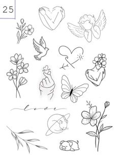 some flowers and hearts are drawn on paper