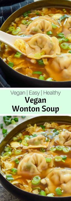 vegan wonton soup in a bowl with spoons