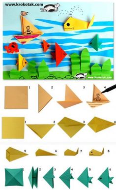 instructions to make origami boats and fish for children's crafting projects