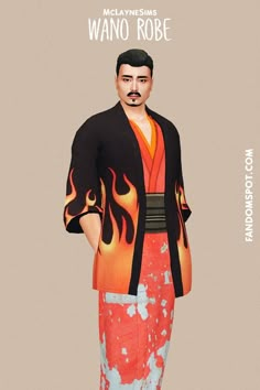 a man in an orange and black kimono with flames on his chest, standing against a beige background