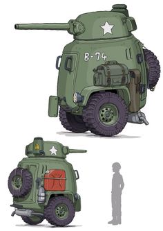 an army vehicle is shown in three different views, with the front and back sides facing each other