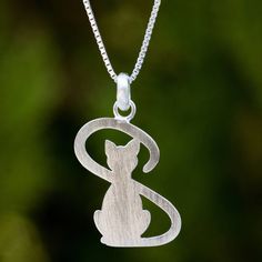 a cat is sitting in the shape of a letter s on a silver plated chain