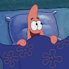 an image of a cartoon character laying in bed with his head on the pillow and eyes wide open