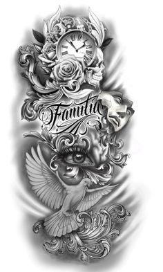 a black and white tattoo design with the word faunta on it