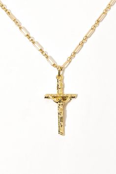 Dona Italia Jewelry Gold / 20 Inches Mio Santo Crocifisso Necklace Crucifix Cross Necklace With Figaro Chain As Gift, Spiritual Cross Necklace With Adjustable Chain, Yellow Gold Crucifix Necklace With Adjustable Chain, Adjustable Crucifix Chain Jewelry, Mary Holding Jesus, Jesus Cross Necklace, Crucifix Necklace, Italian Jewelry, Mother Mary