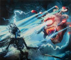 two monsters attacking each other in front of a black background with lightning and red eyes