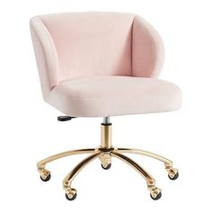 a pink office chair with gold wheels on an isolated white background for use in interior and exterior design