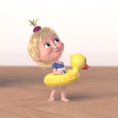 a cartoon girl holding a rubber duck toy