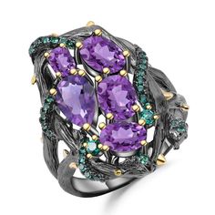 PRICES MAY VARY. This stunning black ring features a unique cutout design in 925 sterling silver, created by a talented designer. The ring is centered around five natural amethyst, each measuring 0.12" x 0.2" and 0.2" x 0.32", giving it a beautiful purple hue. Surrounding the amethysts are shimmering nano emerald green gemstones, adding a pop of color to your look. The ring has a wide face measuring 1", and is expertly crafted with S925 sterling silver and enamel coating, ensuring long-lasting c Amethyst Cocktail Ring, Vintage Jewelry Sets, Laura Geller, Gem Ring, Cow Boy, Swiss Blue Topaz, Issey Miyake, Amethyst Gemstone, Amethyst Ring