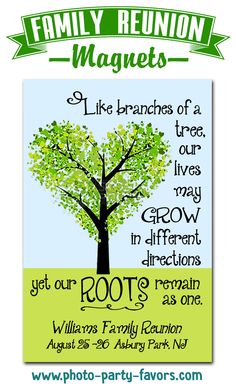 a family reunion magnet with a tree in the shape of a heart and words on it