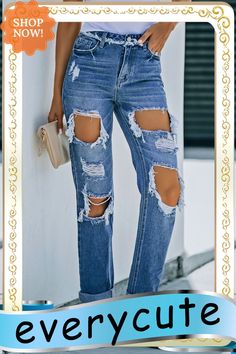 Sky Blue Cut Out Straight Leg Distressed Boyfriend Jeans Distressed Boyfriend Jeans, Free Shopping, Boyfriend Jeans, Straight Leg Jeans, Wardrobe Essentials, The Sky, Leg Jeans, Sky Blue, Blue Sky