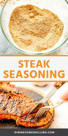 steak seasoning in a glass bowl next to a plate with grilled meat on it