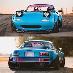 two pictures of a blue car with hearts on the hood, and another photo of a pink car