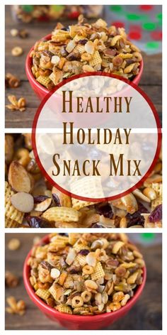 healthy holiday snack mix in two red bowls