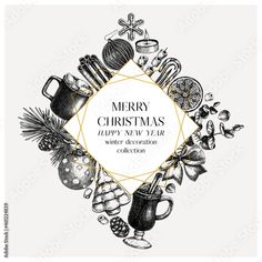 merry christmas and happy new year greeting card with hand drawn elements in black and white