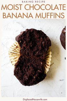 a chocolate banana muffin on top of a white plate with the words baking recipe