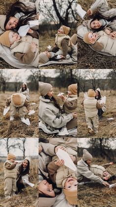 a collage of photos with people laying on the ground in winter clothes and hats