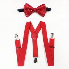 Kid's red sequin bow tie and suspenders - red toddler bowtie and suspenders set - for baby boy's par Tuxedo Bow Tie, Red Suspenders, Burgundy Bow Tie, Bowtie And Suspenders, Red Bow Tie, Suspenders Set, Sequin Bow, Red Sequin, Royal Red