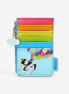 a multicolored card case with a keychain hanging from it's side