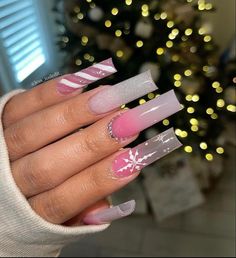 Xmas Square Nails, Christmas Nail Sets Pink, Winter Nails Long Square, Pink Winter Nail Set, Winter Sets Nails, Winter Nail Sets Short, Long Almond Christmas Nails, Christmas Sets Nails, Candy Cane Nails Pink