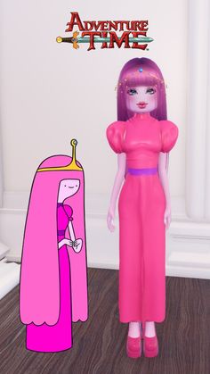 a cartoon character standing next to a pink doll