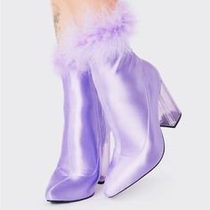 Light Purple Satin Booties With Fur Trim. From Dollskill Never Worn No Longer Sold At Dolls Kill Light Purple Boots, Purple Booties, 60’s Fashion, Checkered Shoes, Matching Skirt Set, Gold Flip Flops, Purple Boots, Lucite Heels, Punk Boots