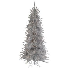 a silver christmas tree with white lights