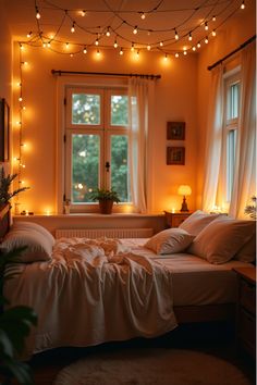 Boho bedroom with string lights creating starry night effect Bedroom With String Lights, Hanging Lights In Bedroom, Boho Bedroom Lighting, Cozy Ideas, Boho Lighting, Bohemian Room, Free Spirit Style, Hanging Fixture, Scandinavian Kitchen