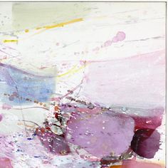 an abstract painting with pink, purple and yellow colors on it's surface is shown