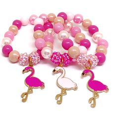 These adorable bracelets are the perfect favor for your little one's flamingo themed party! Each bracelet features an enameled flamingo charm, resin rhinestone beads and an assortment of pink 10mm acrylic beads strung with durable stretch floss cord. Each bracelet comes individually packaged in organza bags. Please message me if you have any questions or if you would like to make some changes to this item. To be the first to know about new items, sales and giveaways, mark my shop as a favorite! Playful Pink Charm Bracelet For Birthday, Personalized Pink Novelty Charm Bracelet, Valentine's Day Pink Beaded Bracelets With Charms, Pink Beaded Charms Bracelets For Valentine's Day, Pink Beaded Bracelets With Charms For Valentine's Day, Pink Playful Stretch Bracelet For Party, Playful Pink Party Jewelry, Playful Pink Jewelry For Party, Playful Pink Charm Bracelet For Gift