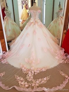 Glam Pink Flowers Tulle Off Shoulder Sweet 16 Dress, Ball Gown Formal - dreamydressprom White And Pink Wedding Dress, Pink And White Wedding Dress, Debutante Ball Gown, Pink Sweet 16 Dresses, Pink Sweet 16 Dress, Pink Sweet 16, Pink Quince, Debutante Ball, Pink Passion