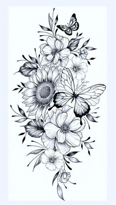 black and white drawing of flowers with butterflies