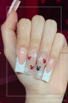 Disney Christmas Nails Designs Christmas Cute Nails Ideas, Disney Themed Nails Acrylic Christmas, Disney Nails New Years, Mickey Mouse Nails Christmas, Christmas Mickey Mouse Nails, Christmas Disney Nails Acrylic, Christmas Nails Characters, Disney Christmas Nails Acrylic, Disney Nails Long