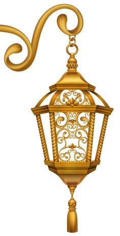 a golden lamp hanging from the ceiling with an ornate design on it's side