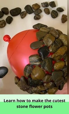 a red ball sitting on top of rocks next to some green and black rocks with the words learn how to make the cutest stone flower pots