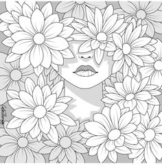 a woman's face surrounded by flowers in black and white coloring book page for adults