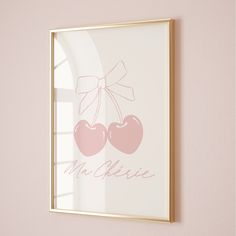 a pink wall with two cherries on it and the word'm'is written in