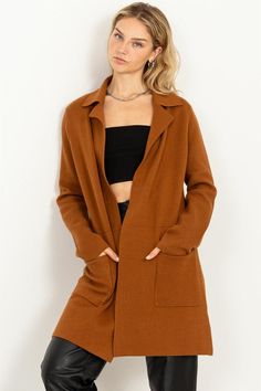 Brave the elements in sartorial splendor with this chic duster cardi! It features a collared neckline, long sleeves, and an open-front design - perfect for the casual and workday look. 50% Viscose / 28% Nylon / 22% PBT Chic Fall Cardigan With Lapel Collar, Collared Single Breasted Cardigan For Fall, Solid Open Front Sweater Coat For Work, Fall Single Breasted Collared Cardigan, Fall Collared Single Breasted Cardigan, Elegant Fall Cardigan With Lapel Collar, Fall Single-breasted Collared Cardigan, Solid Single Breasted Cardigan For Fall, Open Front Blazer For Workwear In Fall