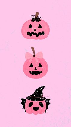 three pumpkins with faces and bats on them, all in different shapes and sizes