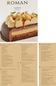 a menu for a restaurant with chocolate cake and desserts on it's side