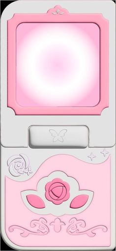 a pink and white electronic device with a rose on the front, sitting upright against a black background