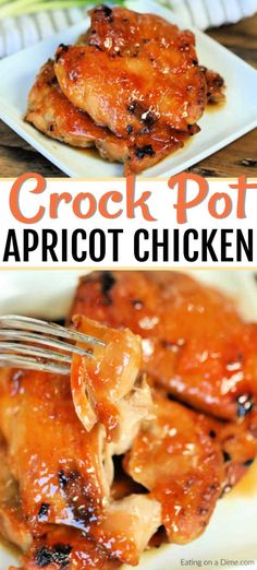 crock pot apricot chicken recipe on a white plate with a fork in it