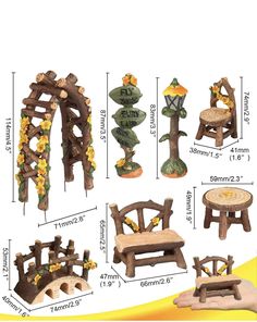 the wooden garden furniture is shown with measurements for each piece, including one bench and two chairs