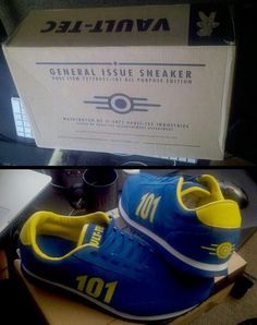 two pictures of blue and yellow shoes in front of a box with the number 101 on it