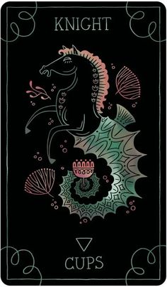 a black card with an image of a horse and sea creatures on it's back