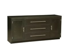 a black cabinet with three drawers and two doors