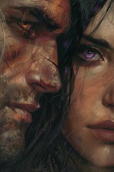 an artistic painting of two people with purple eyes