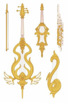 four different types of musical instruments, one is gold and the other has white background