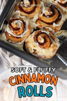 soft and fluffy cinnamon rolls in a baking pan with the title overlay reading soft & fluffy cinnamon rolls